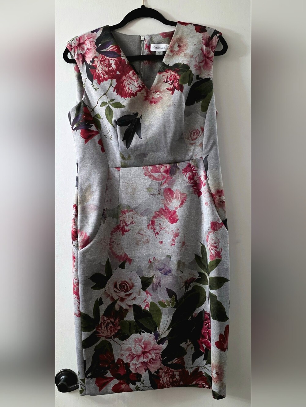 Calvin Klein Gray Midi Dress with Pink Floral Print